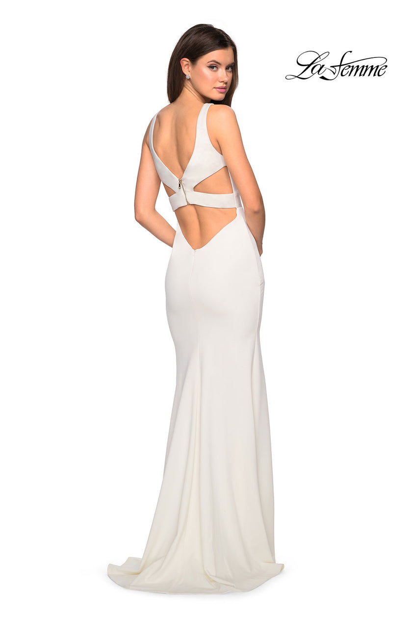 Picture of: Long Jersey Prom Dress with Cut Out Back Detail in White, Style: 27181, Back Picture