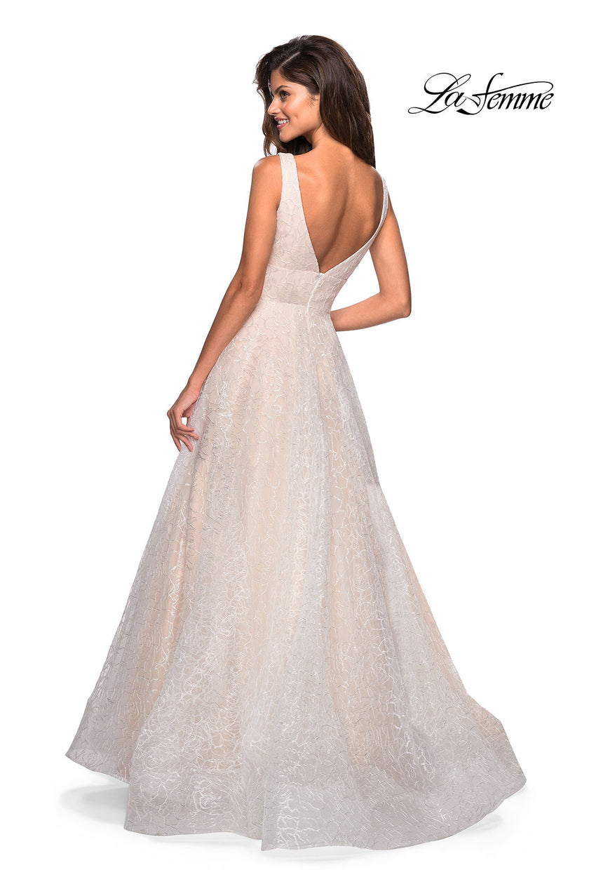 Picture of: Sequin Print Ball Gown with Deep V and Pockets in White, Style: 27323, Back Picture
