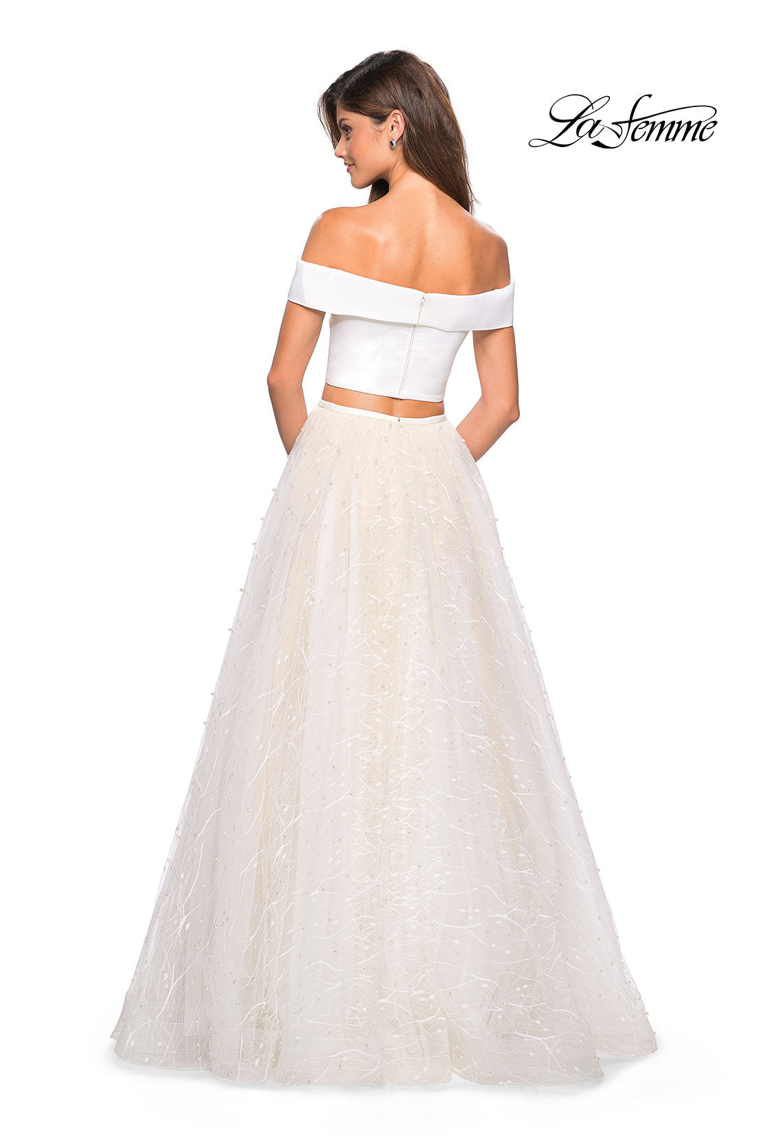Picture of: Off the Shoulder Two Piece Dress with Textured Skirt in White, Style: 27478, Back Picture