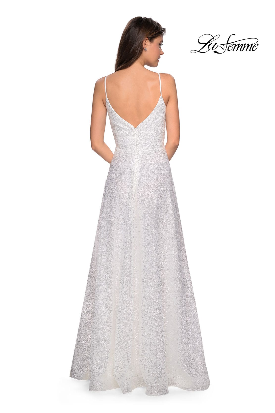 Picture of: Floor Length Sequin Prom Dress With Slit and V Back in White, Style: 27798, Back Picture