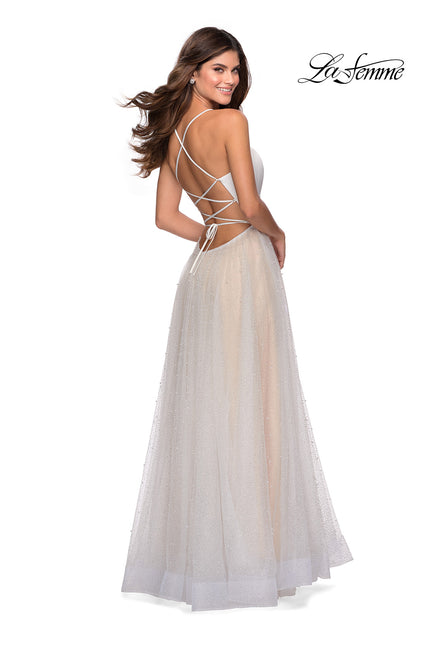 Picture of: White A-line Gown with Pearl Detail and Tie Up Back in White, Style: 28764, Back Picture