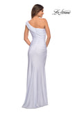 Picture of: One Shoulder Shiny Ruched Jersey Gown with Slit in White, Style: 30645, Back Picture