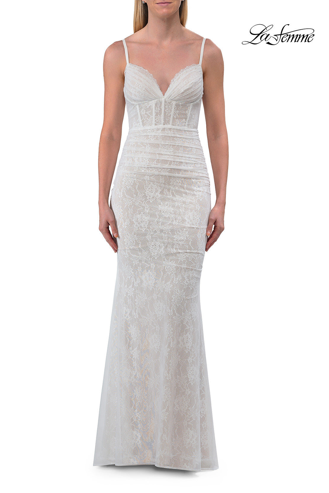 Picture of: Lace Fitted Gown with Ruched Bodice and Sheer Back in White, Style: 33443, Detail Picture 20