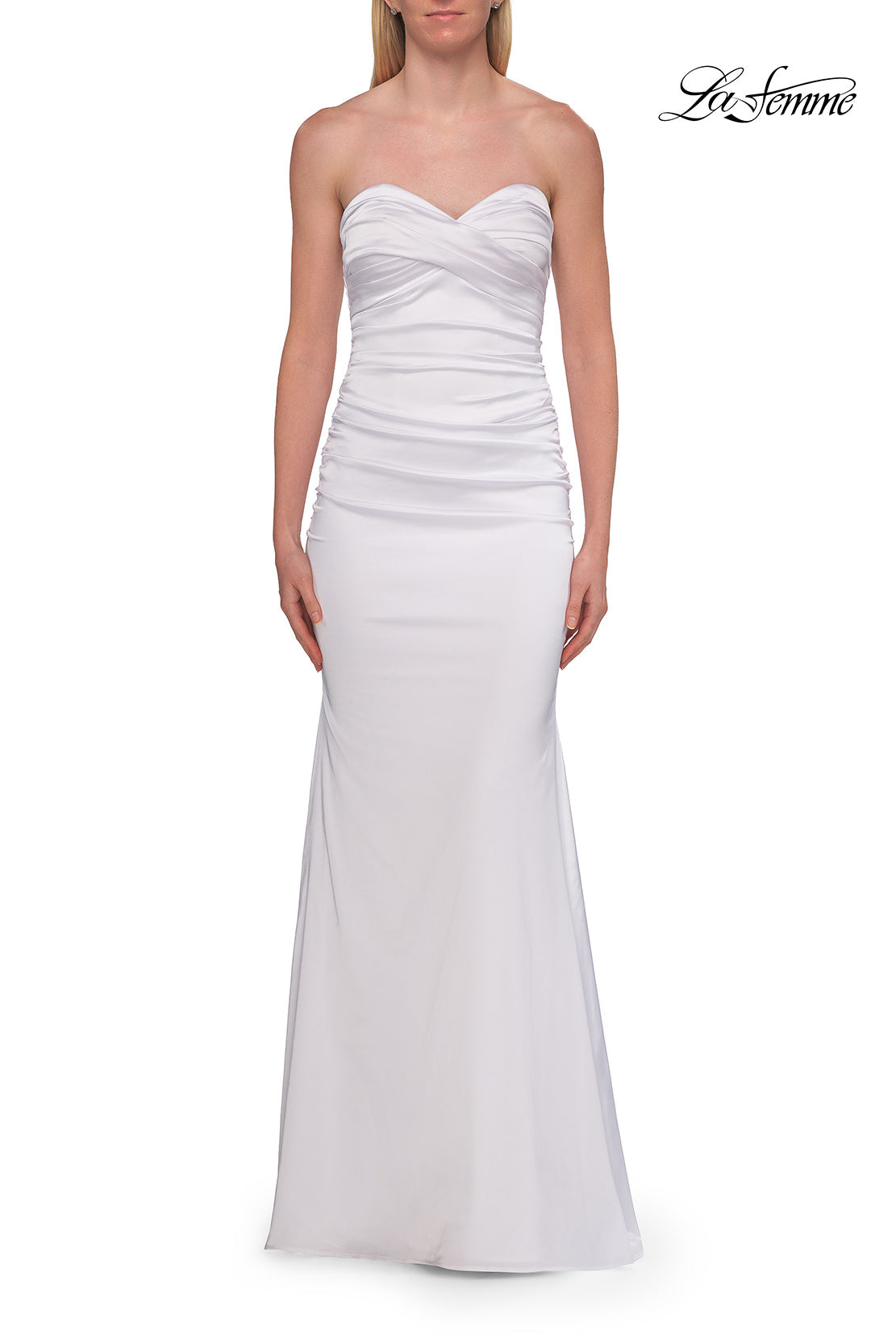 Picture of: Simple Strapless Satin Gown with Ruching Detail in White, Style: 33531, Detail Picture 21