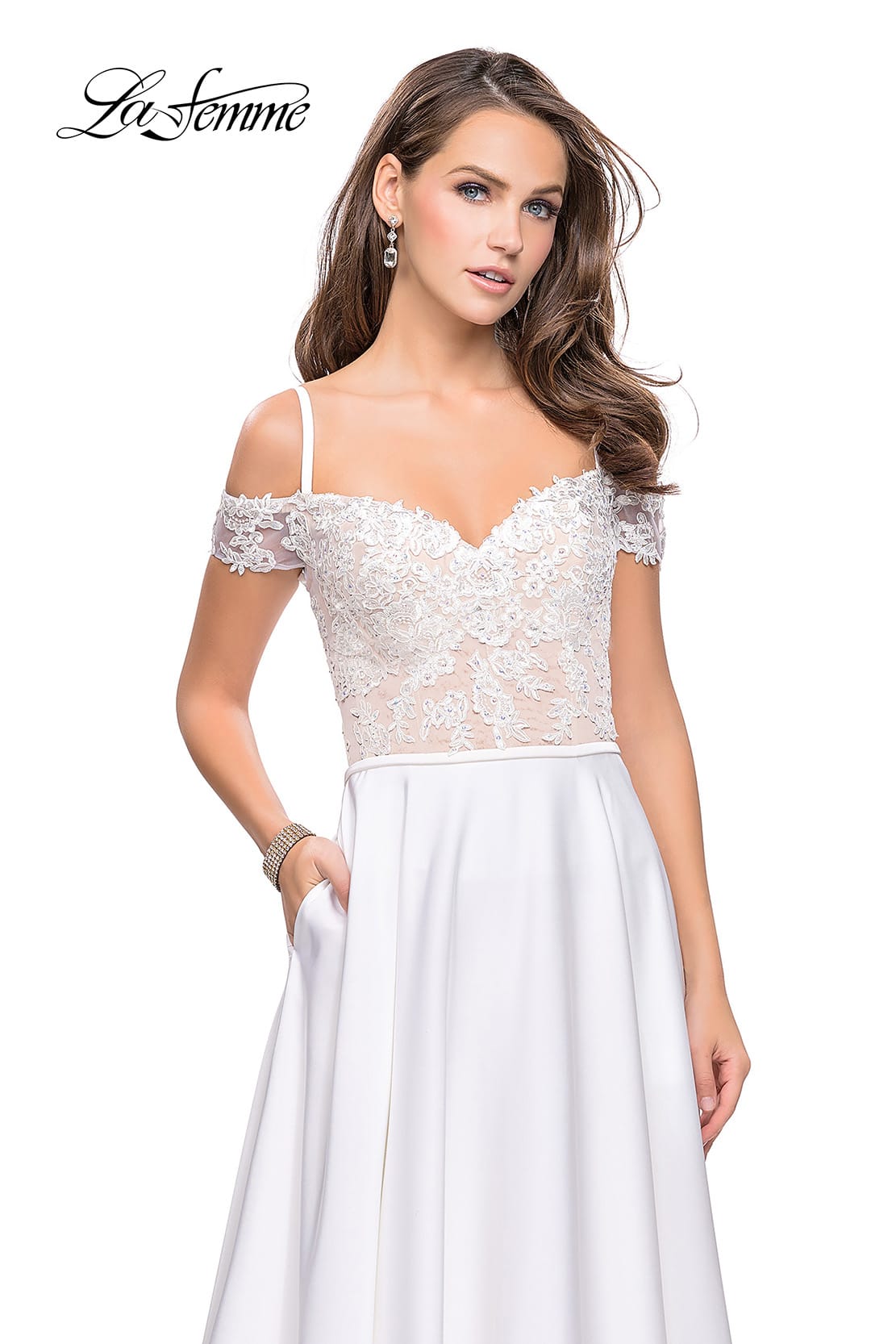 Picture of: Long A-line Prom Dress with Sheer Lace Beaded Bodice in White, Style: 25479, Detail Picture 1