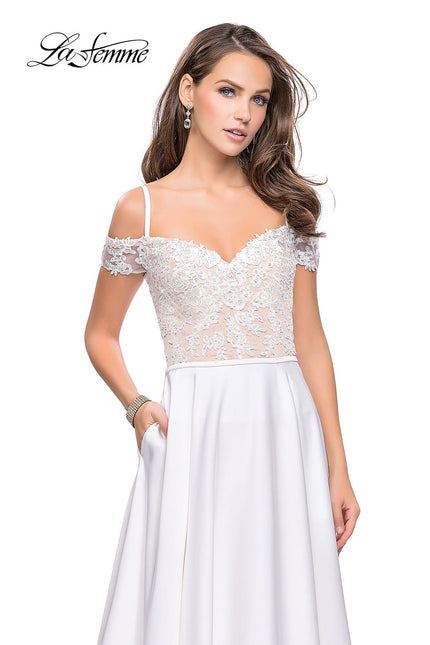 Picture of: Long A-line Prom Dress with Sheer Lace Beaded Bodice in White, Style: 25479, Detail Picture 1