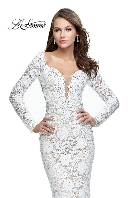 Picture of: Long Sleeve Lace Mermaid Prom Dress with Metallic Beads in White, Style: 25607, Detail Picture 1
