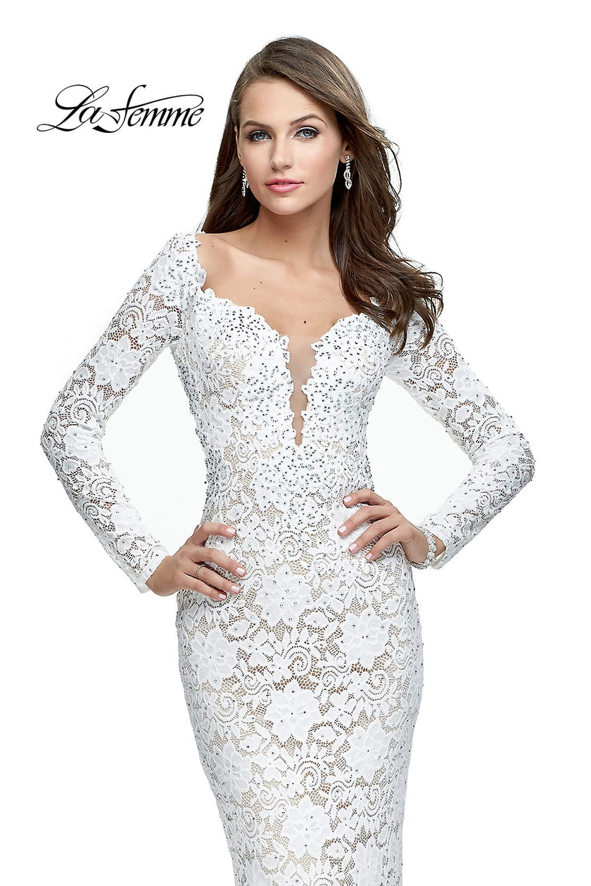 Picture of: Long Sleeve Lace Mermaid Prom Dress with Metallic Beads in White, Style: 25607, Detail Picture 1