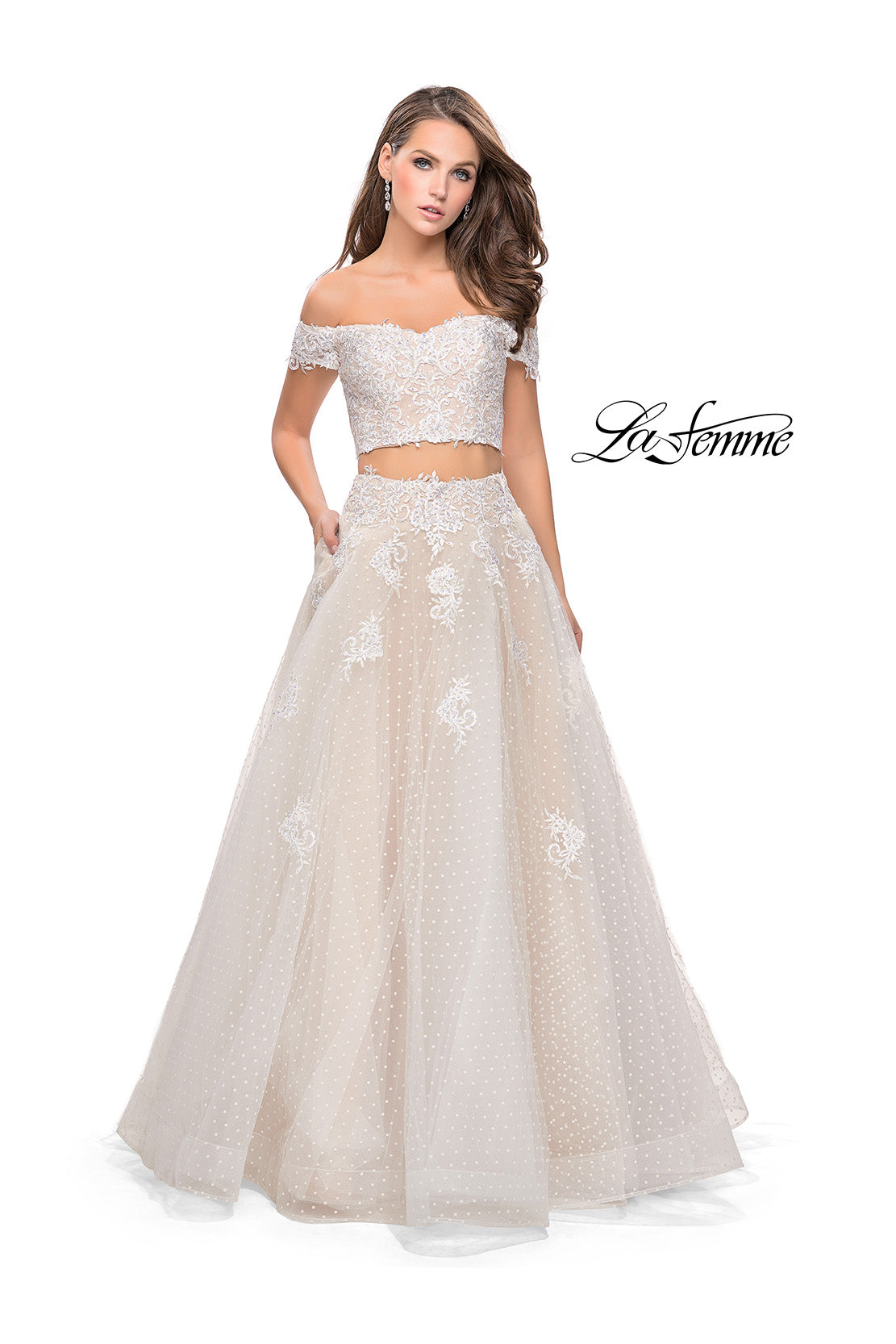 Picture of: Off the Shoulder Two Piece Gown with Polka Dot Print in White, Style: 26110, Detail Picture 1