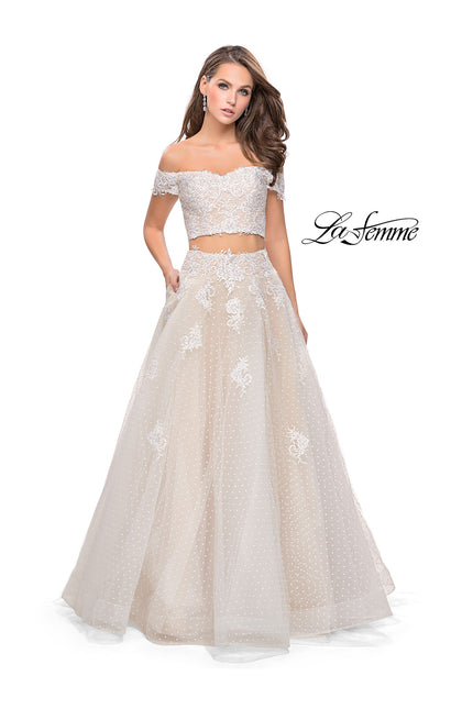 Picture of: Off the Shoulder Two Piece Gown with Polka Dot Print in White, Style: 26110, Detail Picture 1