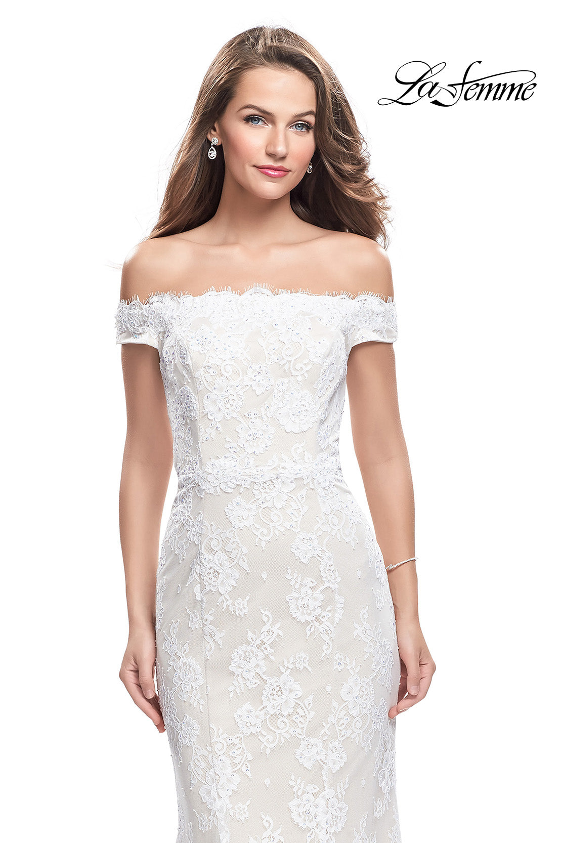 Picture of: Off the Shoulder Beaded Lace Gown with Ruffle Detail in White, Style: 26218, Detail Picture 1