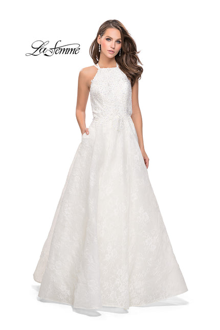 Picture of: High Neck A-line Gown with Beaded Bodice and Pockets in White, Style: 26337, Detail Picture 1