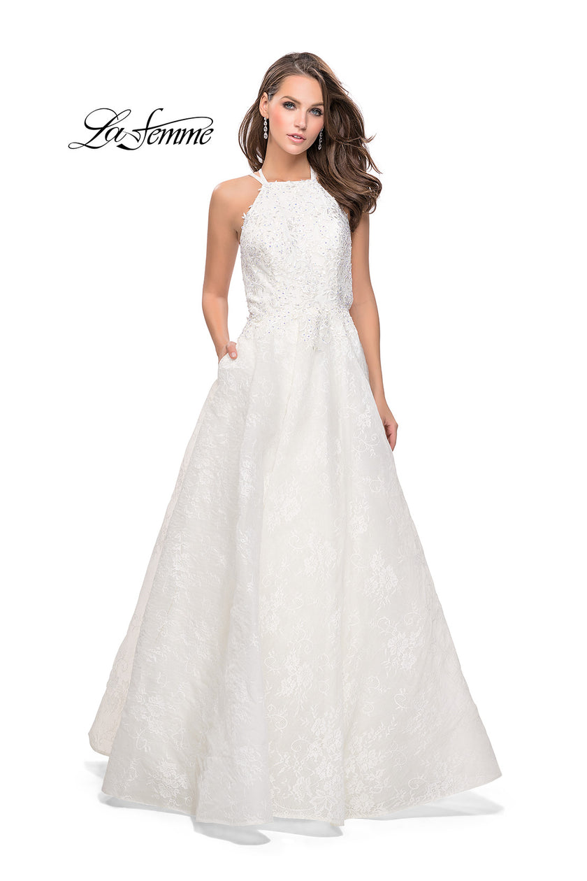 Picture of: High Neck A-line Gown with Beaded Bodice and Pockets in White, Style: 26337, Detail Picture 1