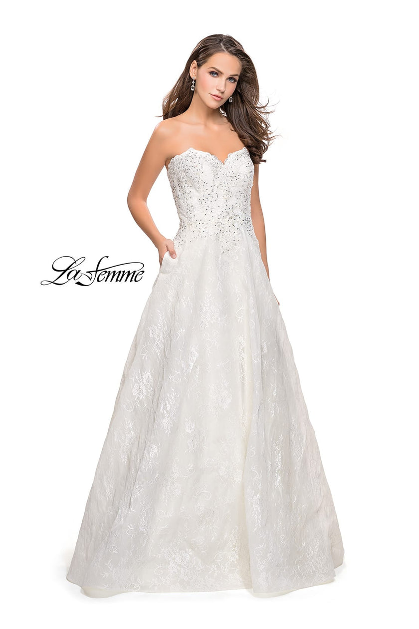 Picture of: Long Strapless Lace Ball Gown with Beading and Pockets in White, Style: 26338, Detail Picture 1