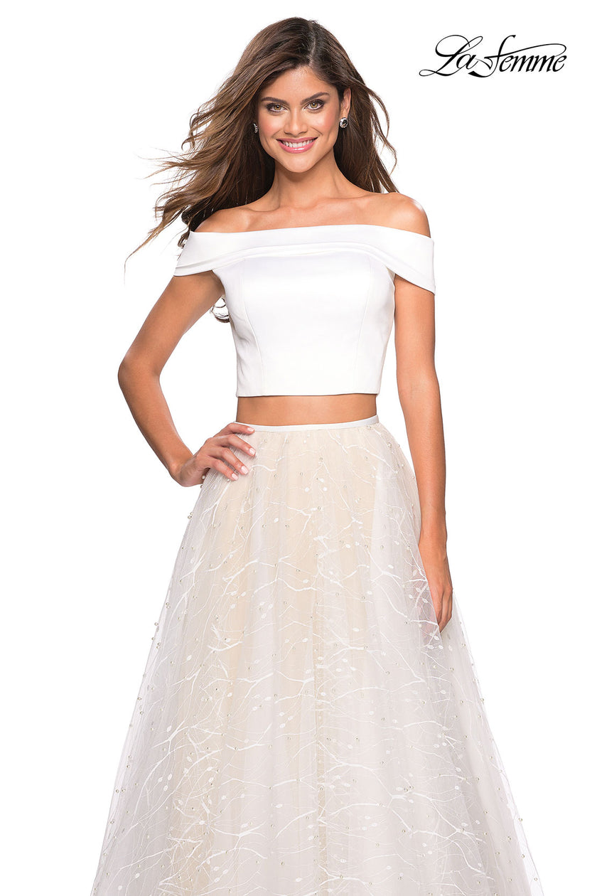 Picture of: Off the Shoulder Two Piece Dress with Textured Skirt in White, Style: 27478, Back Picture