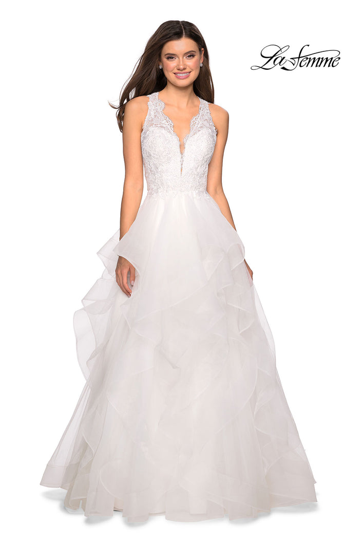 Picture of: Long Layered Tulle Dress with Lace Embellished Bodice in White, Style: 27570, Detail Picture 1