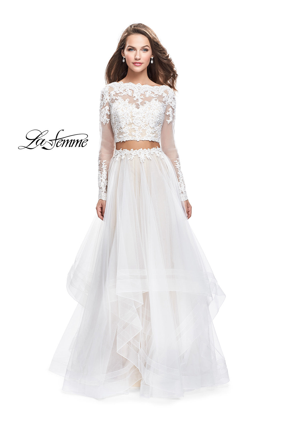 Picture of: Long Two Piece Prom Dress with Tulle Skirt and Lace Top in White, Style: 25300, Detail Picture 2