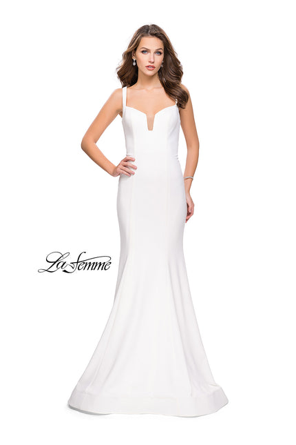 Picture of: Long Form Fitting Jersey Prom Dress with Open Back in White, Style: 25651, Detail Picture 2