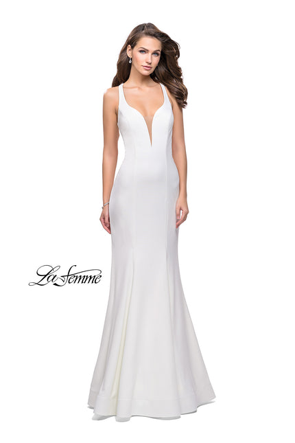 Picture of: Long Jersey Mermaid Dress with Deep V and Strappy Back in White, Style: 25594, Detail Picture 3