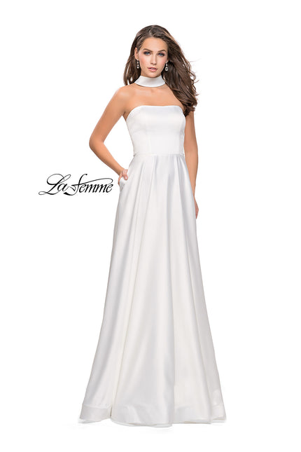 Picture of: Strapless Satin A-line Ball Gown with Attached Choker in White, Style: 25680, Detail Picture 3