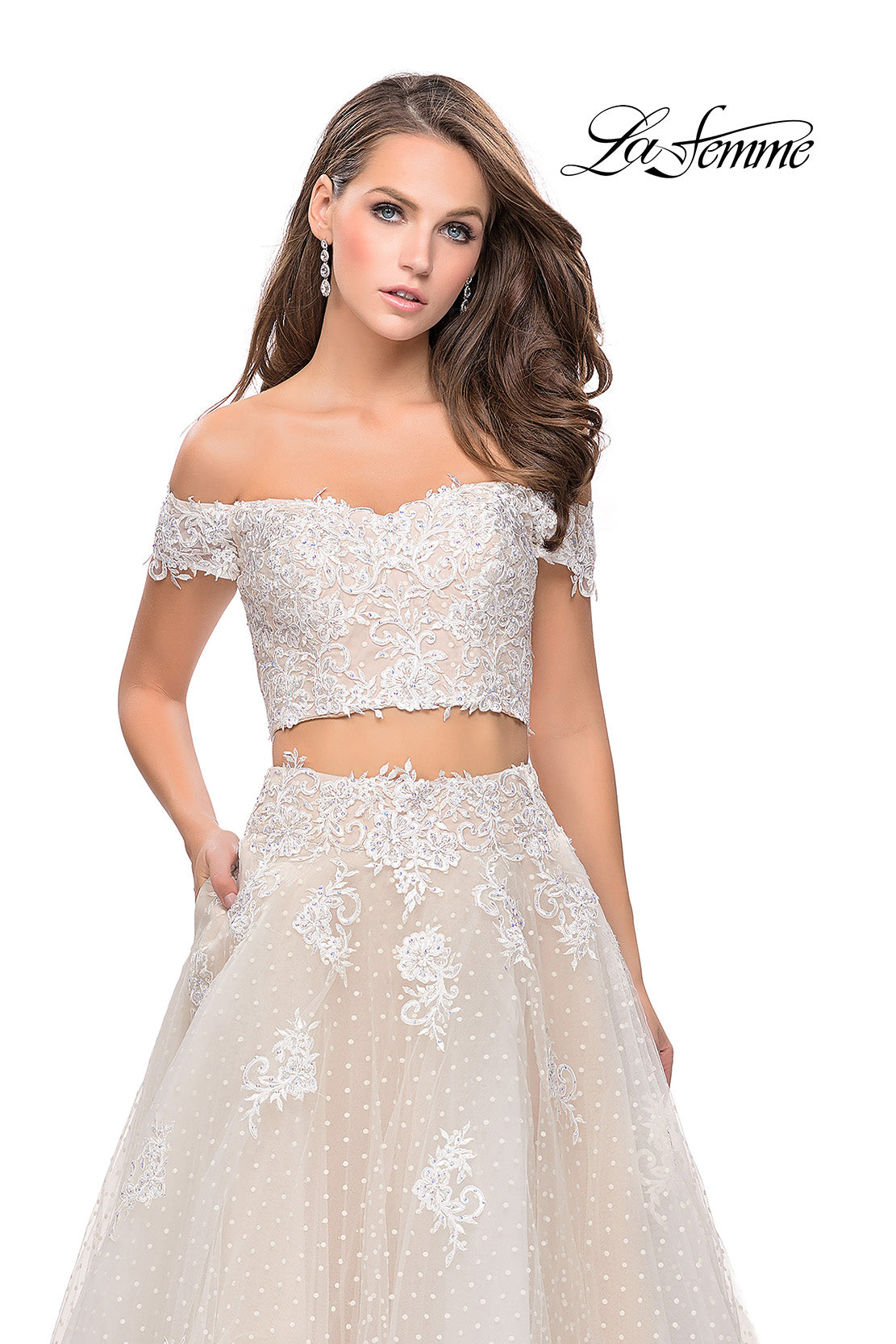 Picture of: Off the Shoulder Two Piece Gown with Polka Dot Print in White, Style: 26110, Detail Picture 3