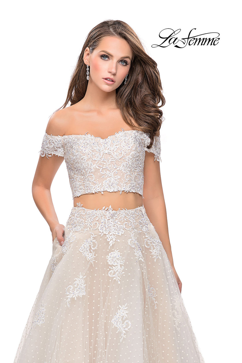 Picture of: Off the Shoulder Two Piece Gown with Polka Dot Print in White, Style: 26110, Detail Picture 3