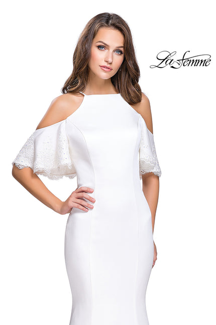Picture of: Form Fitting Satin Mermaid Dress with Shoulder Cutouts in White, Style: 26145, Detail Picture 3
