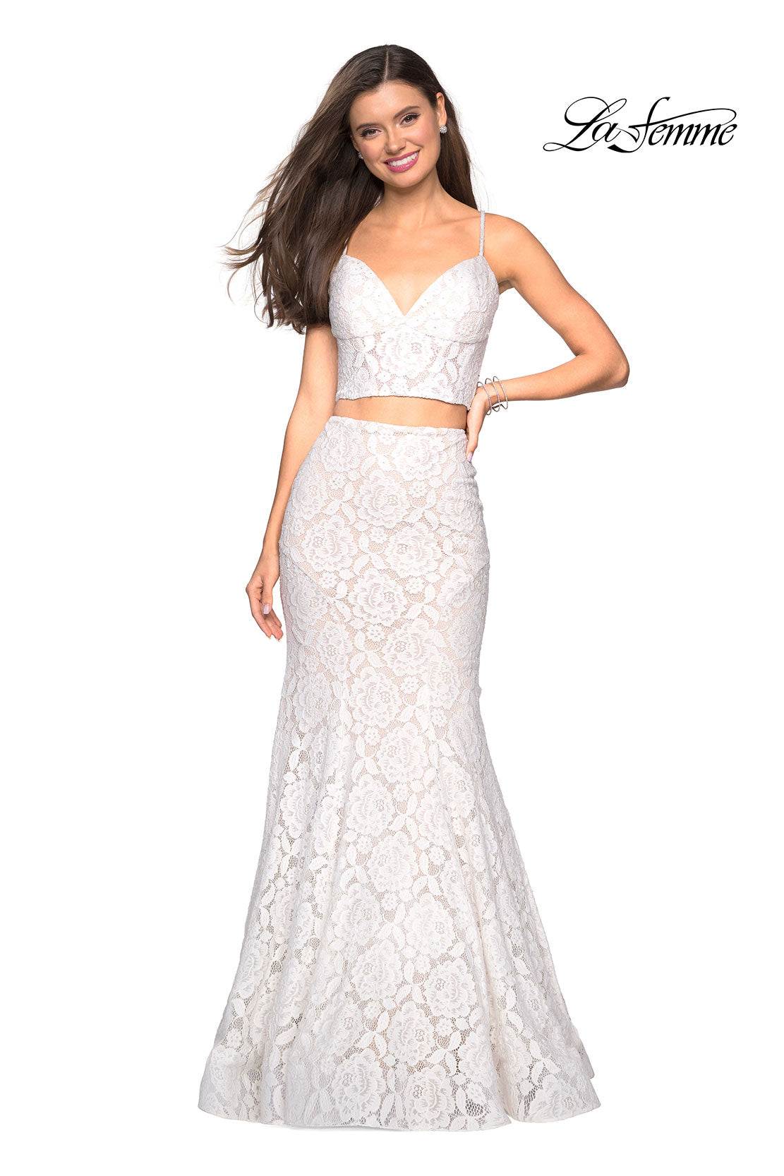 Picture of: Lace Two Piece Gown with Rhinestone Accents in White, Style: 27589, Detail Picture 3