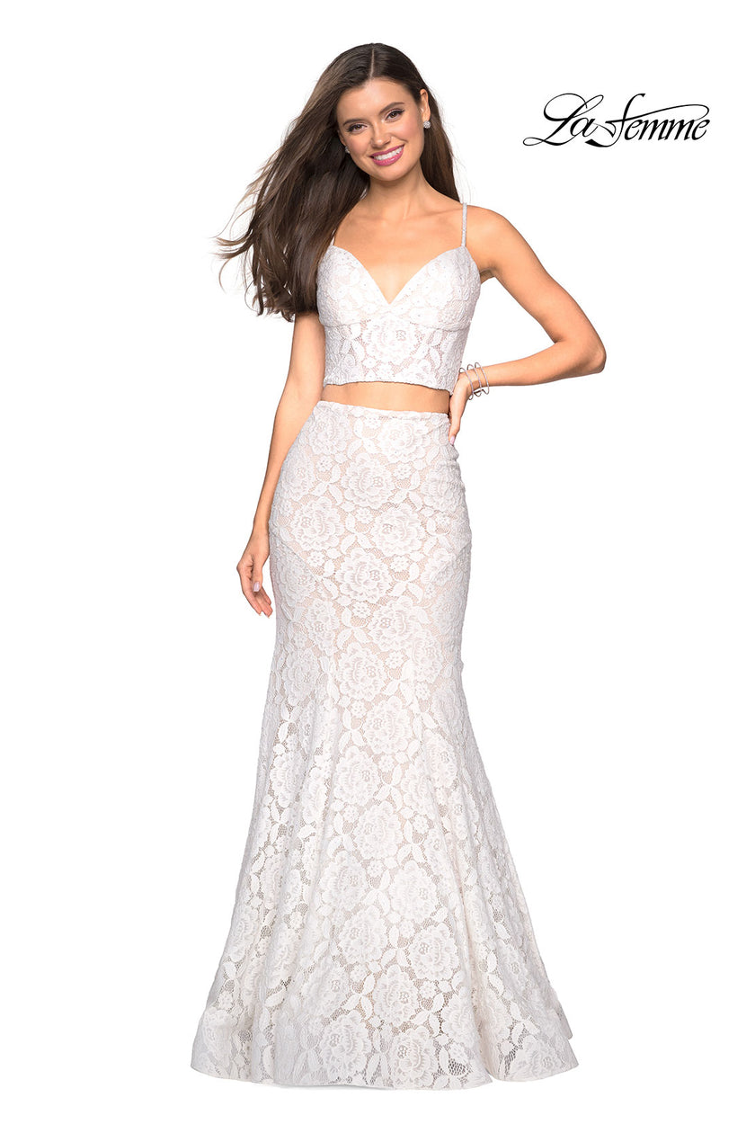 Picture of: Lace Two Piece Gown with Rhinestone Accents in White, Style: 27589, Detail Picture 3