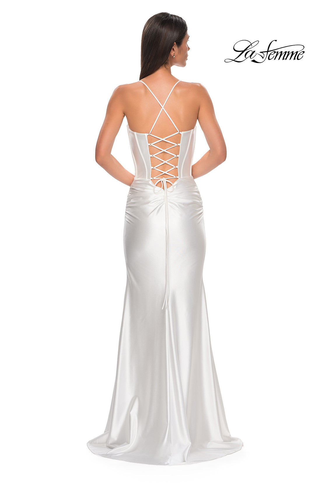 Picture of: Unique Stretch Satin Gown with Corset Bodice and Open Back in White , Style 32683, Detail Picture 3