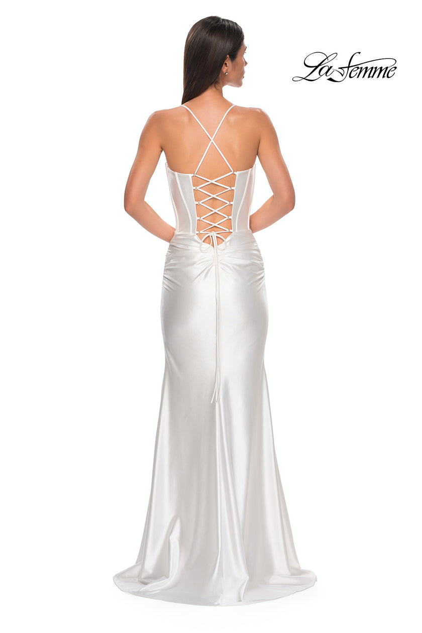 Picture of: Unique Stretch Satin Gown with Corset Bodice and Open Back in White , Style 32683, Detail Picture 3