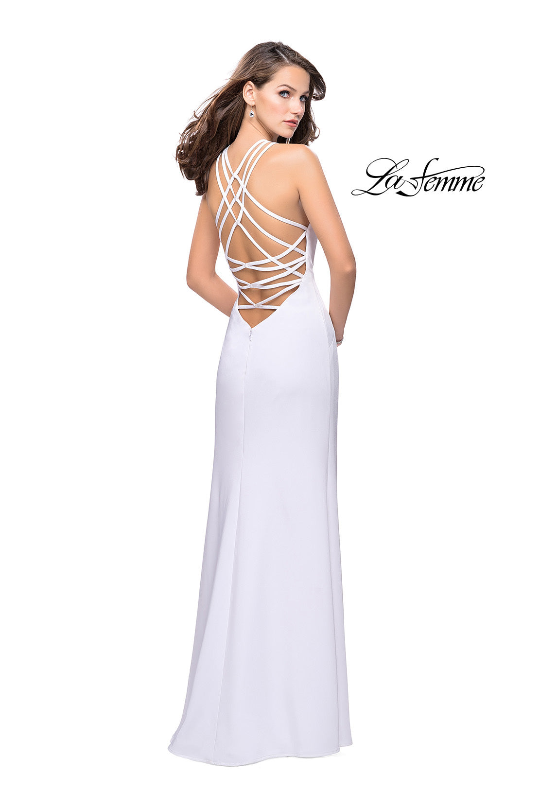 Picture of: Long Satin Halter Prom Dress with Criss Cross Back in White, Style: 25439, Detail Picture 2