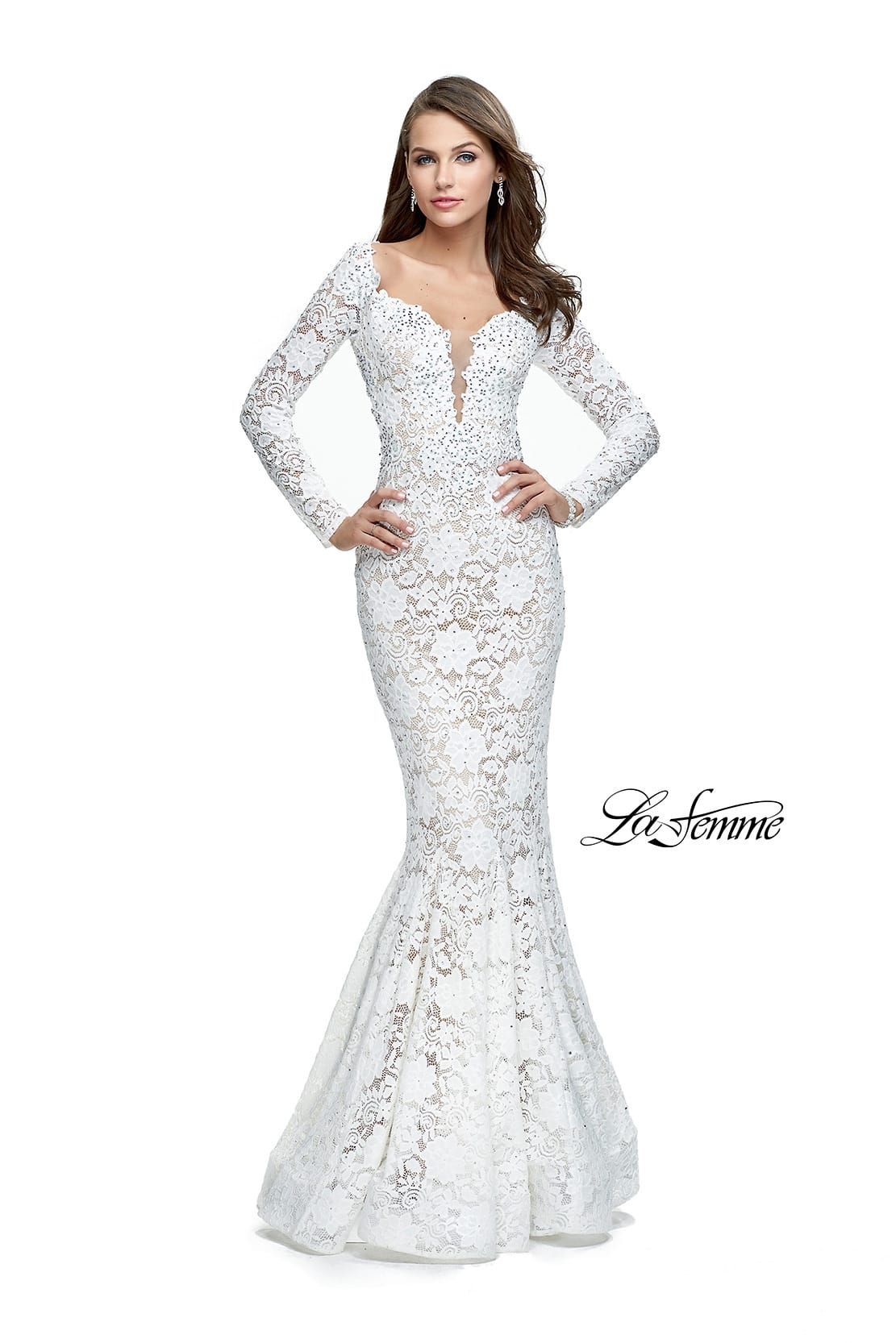 Picture of: Long Sleeve Lace Mermaid Prom Dress with Metallic Beads in White, Style: 25607, Detail Picture 2