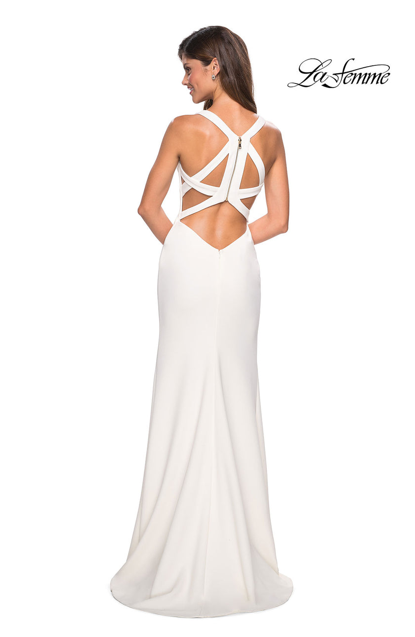 Picture of: Long Jersey Prom Dress With Exposed Back Zipper in White, Style: 27031, Detail Picture 4