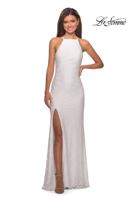 Picture of: Stretch Lace Prom Gown with Rhinestones and Slit in White, Style: 27046, Detail Picture 5
