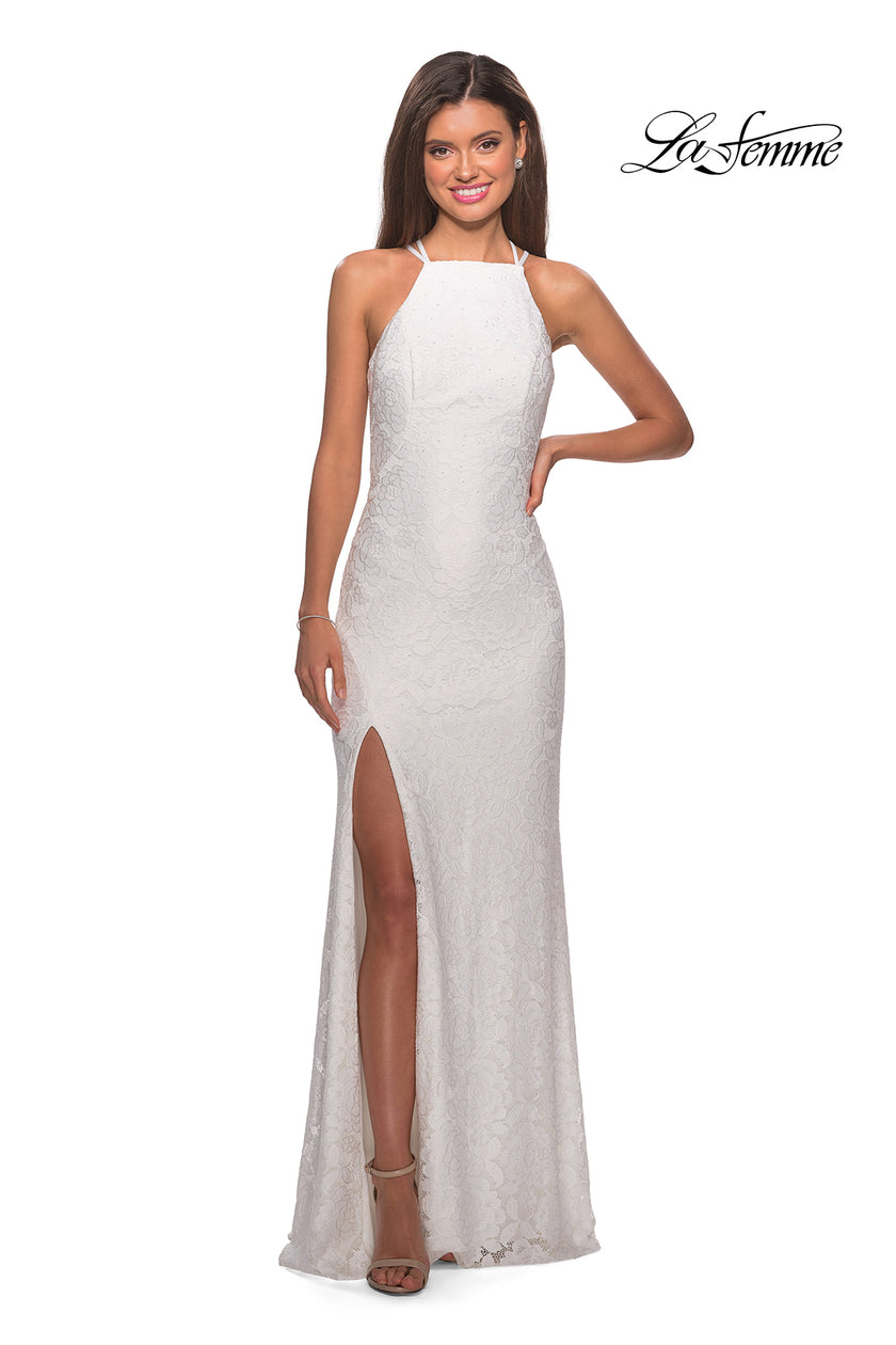 Picture of: Stretch Lace Prom Gown with Rhinestones and Slit in White, Style: 27046, Detail Picture 5