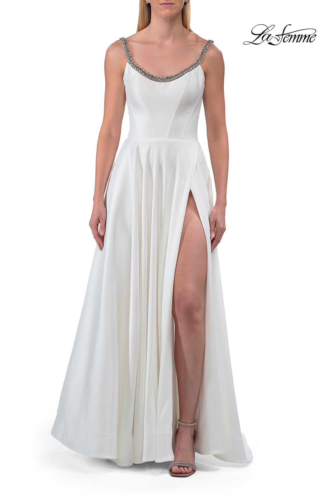 Picture of: Elegant A-Line Evening Gown with Beaded Straps and High Slit in White, Style: 33106, Detail Picture 5