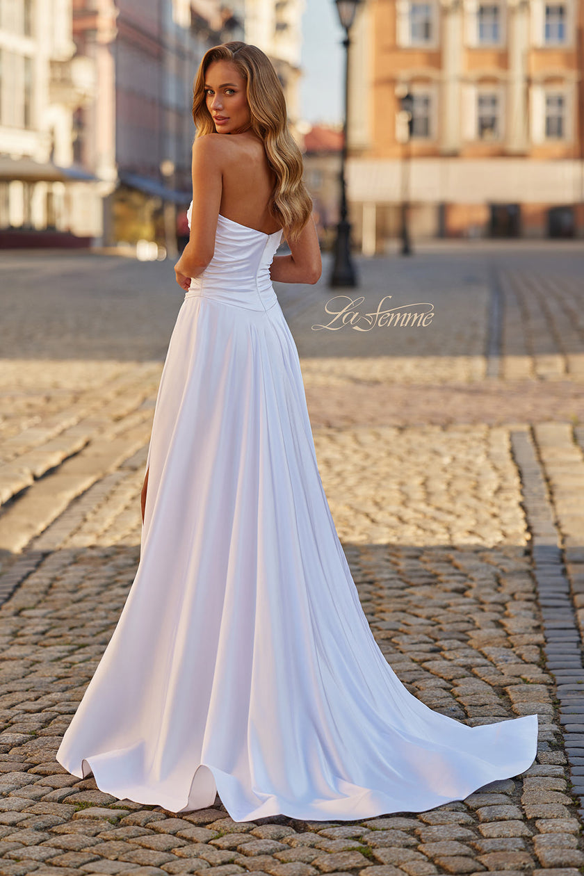 Picture of: Strapless Satin A-Line Gown with Draped Bodice and High Slit in White, Style: 33417, Detail Picture 5