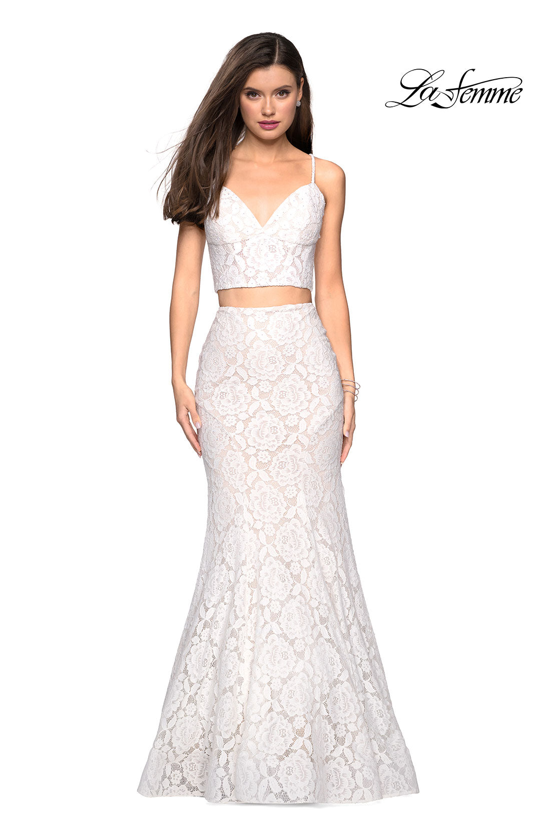 Picture of: Lace Two Piece Gown with Rhinestone Accents in White, Style: 27589, Detail Picture 7