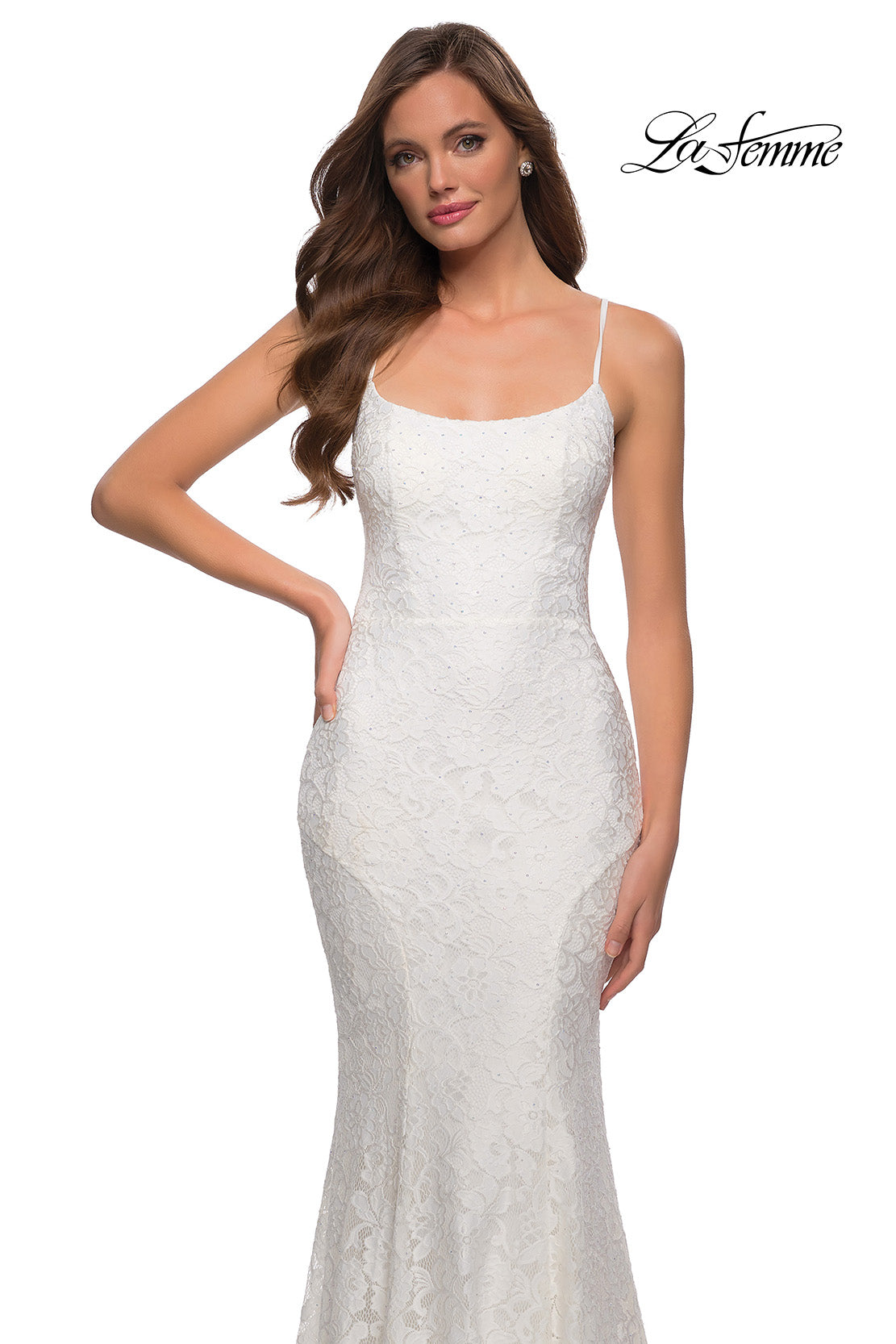 Picture of: Stretch Lace Gown with Lace Up Strappy Back in White, Style 29611, Detail Picture 7