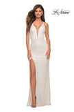 Picture of: Sequin Gown with Deep V Neckline and Lace Up Back in White, Detail Picture 7