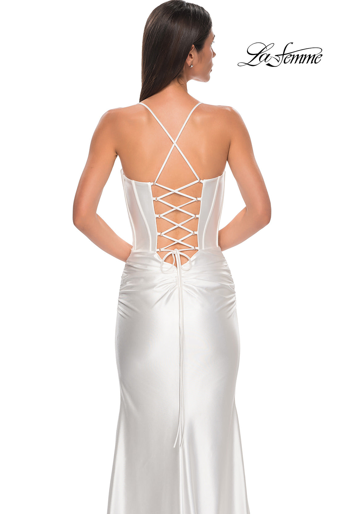 Picture of: Unique Stretch Satin Gown with Corset Bodice and Open Back in White , Style 32683, Detail Picture 7
