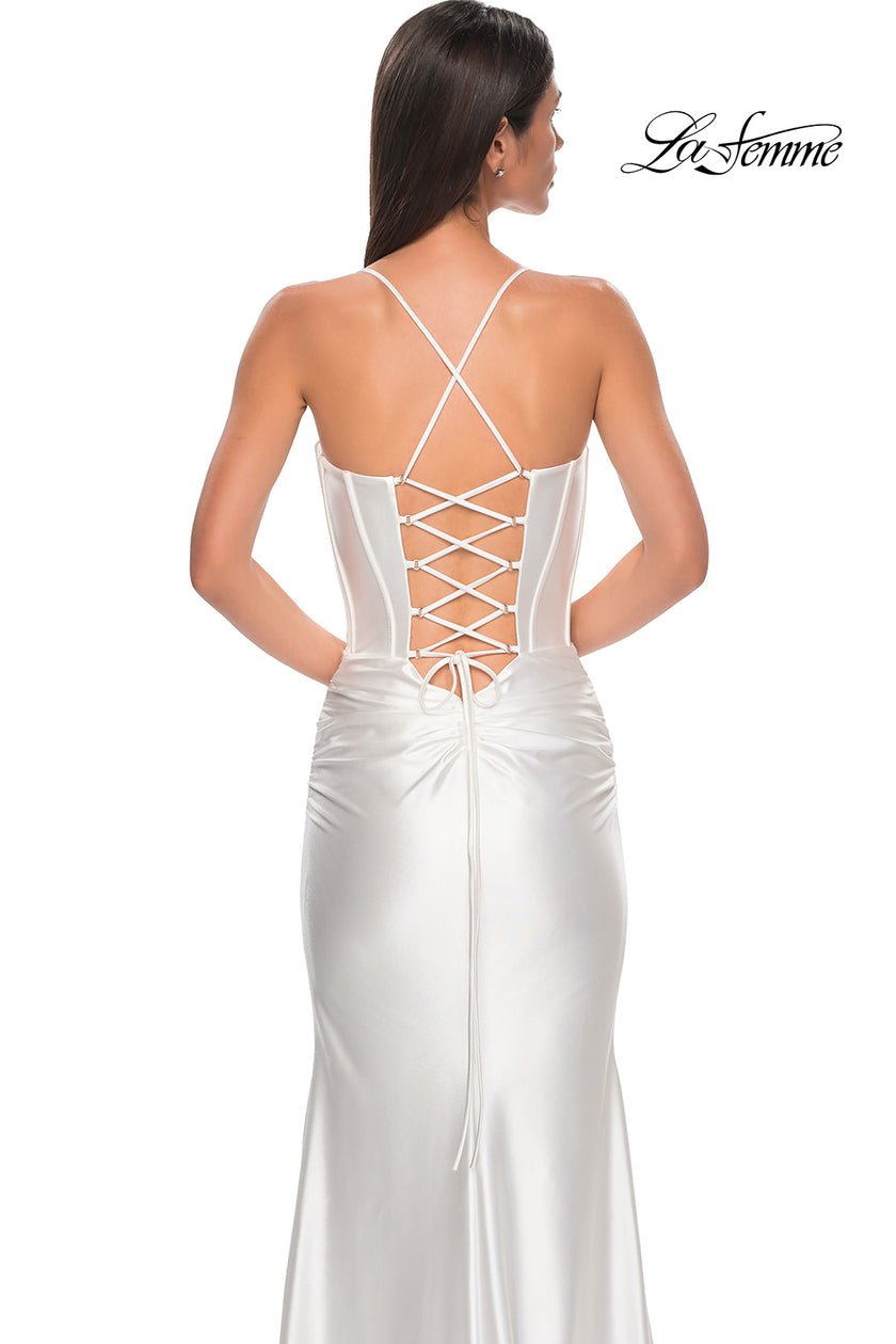 Picture of: Unique Stretch Satin Gown with Corset Bodice and Open Back in White , Style 32683, Detail Picture 7
