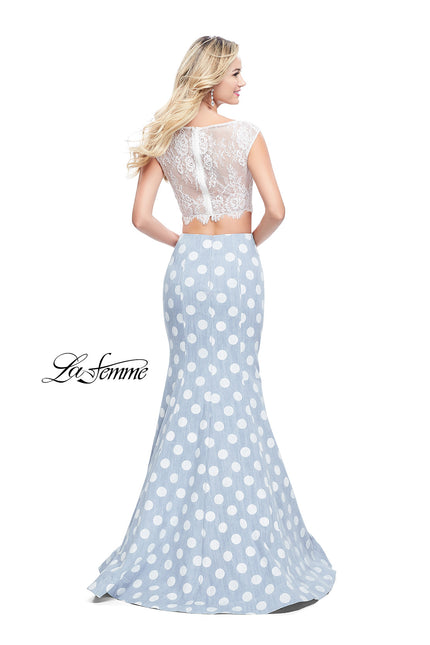 Picture of: Denim Polka Dot Two Piece Prom Dress with Lace Top in White Blue, Style: 26206, Back Picture