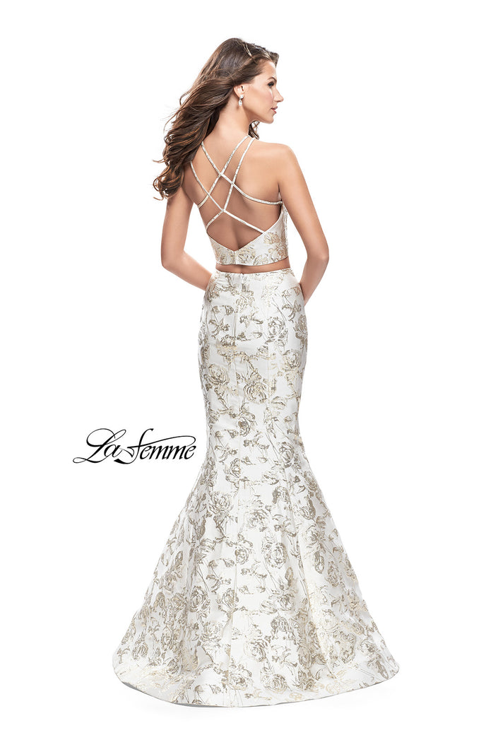 Picture of: Two Piece Mermaid Jacquard Prom Dress with Open Back in White Gold, Style: 26202, Back Picture