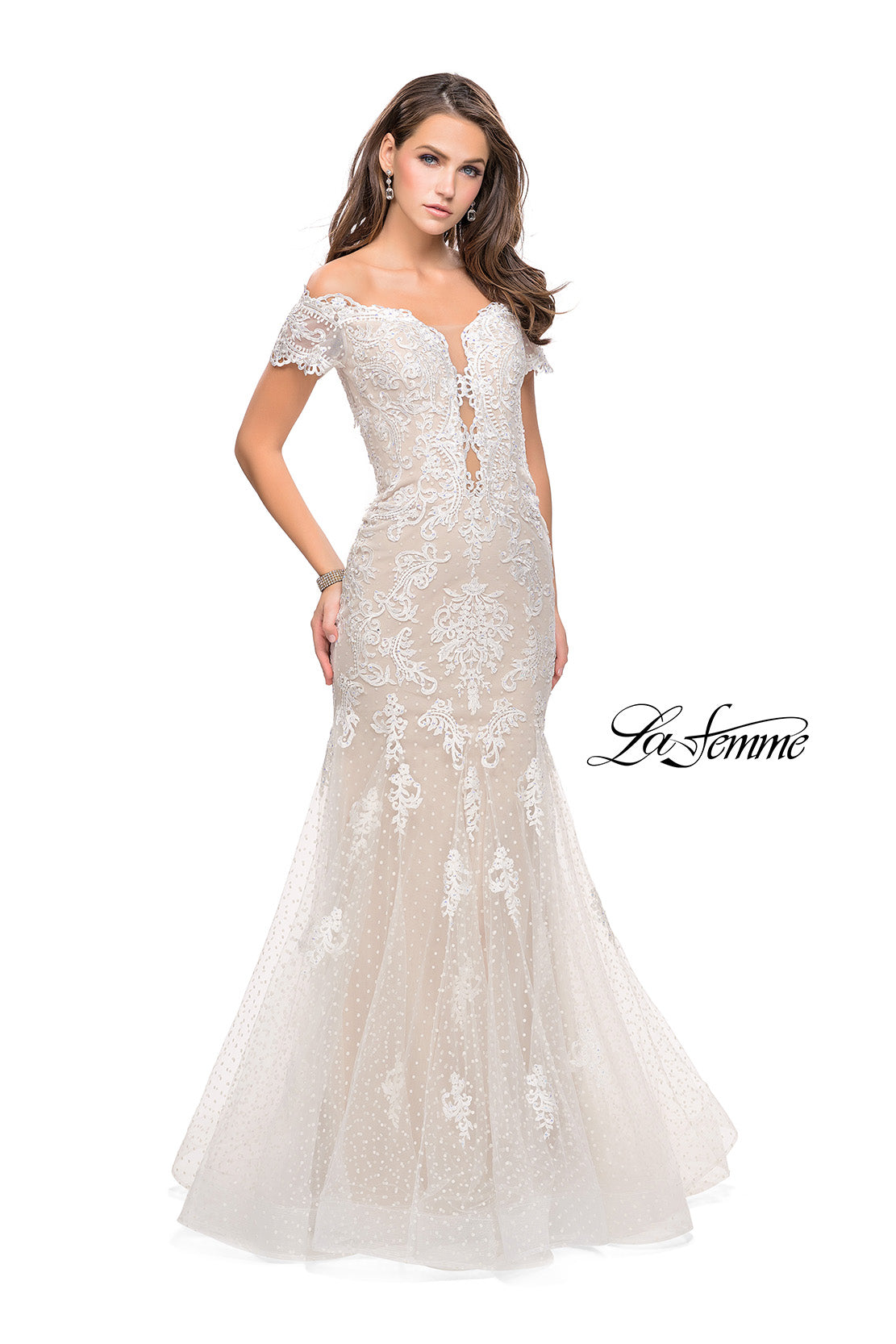 Picture of: Polka Dot Off the Shoulder Two Piece Tulle Prom Dress in White Nude, Style: 26192, Main Picture
