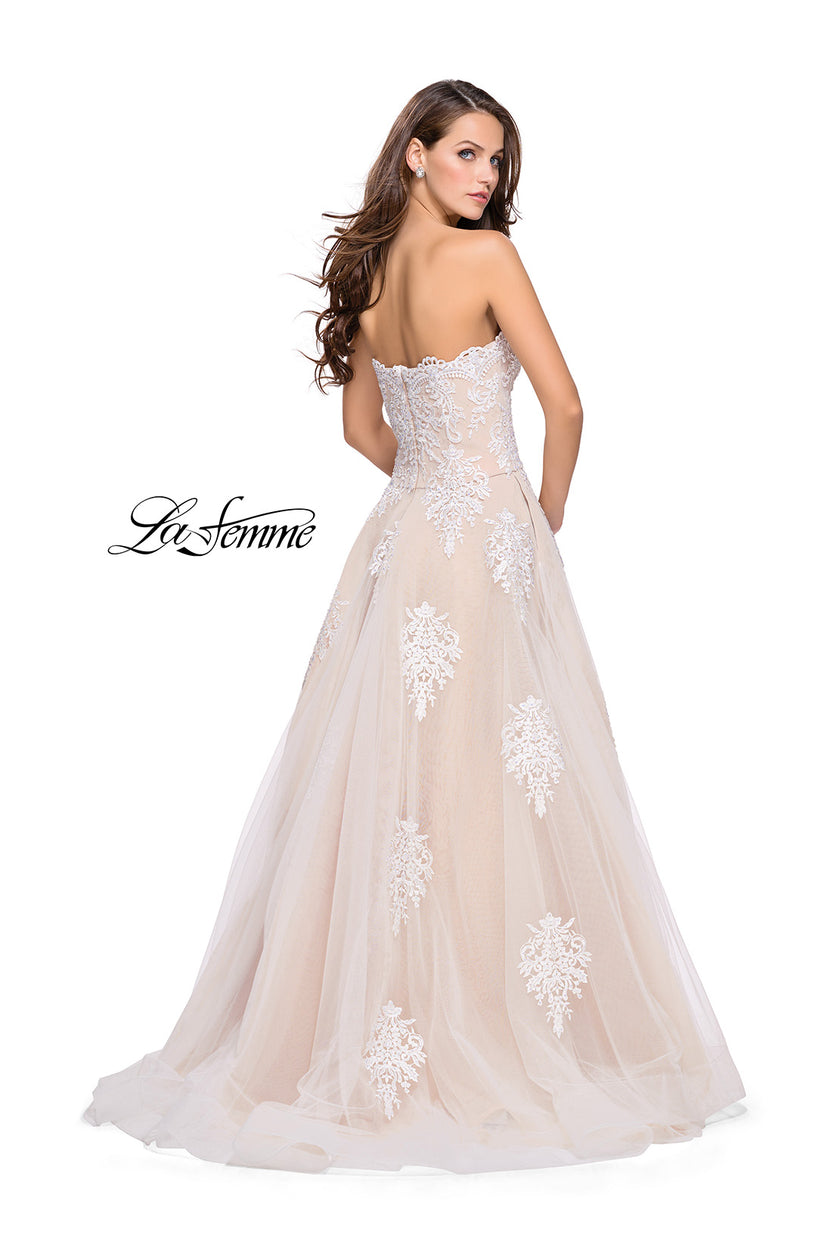 Picture of: Strapless Lace Gown with Tulle and Lace Applique in White Nude, Style: 25560, Back Picture