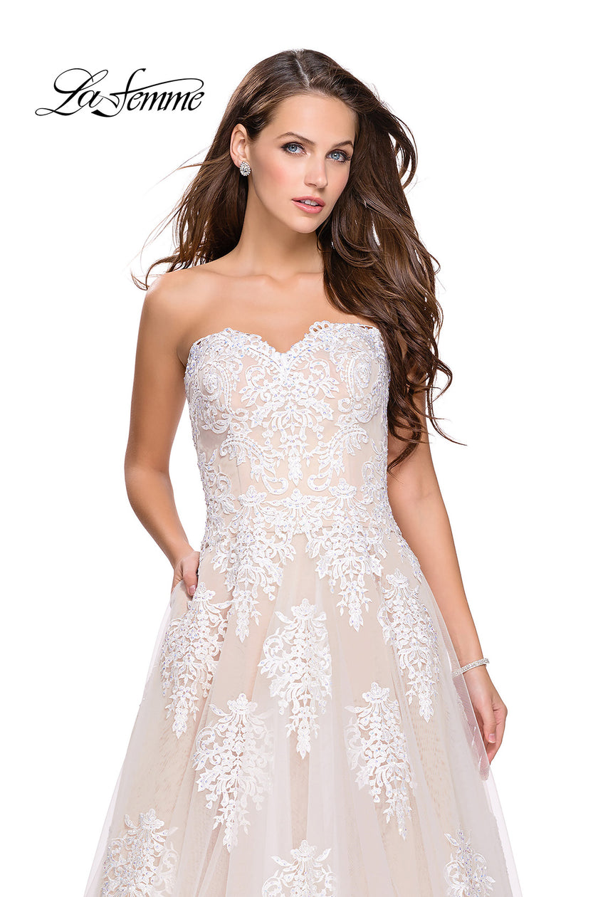 Picture of: Strapless Lace Gown with Tulle and Lace Applique in White Nude, Style: 25560, Detail Picture 2