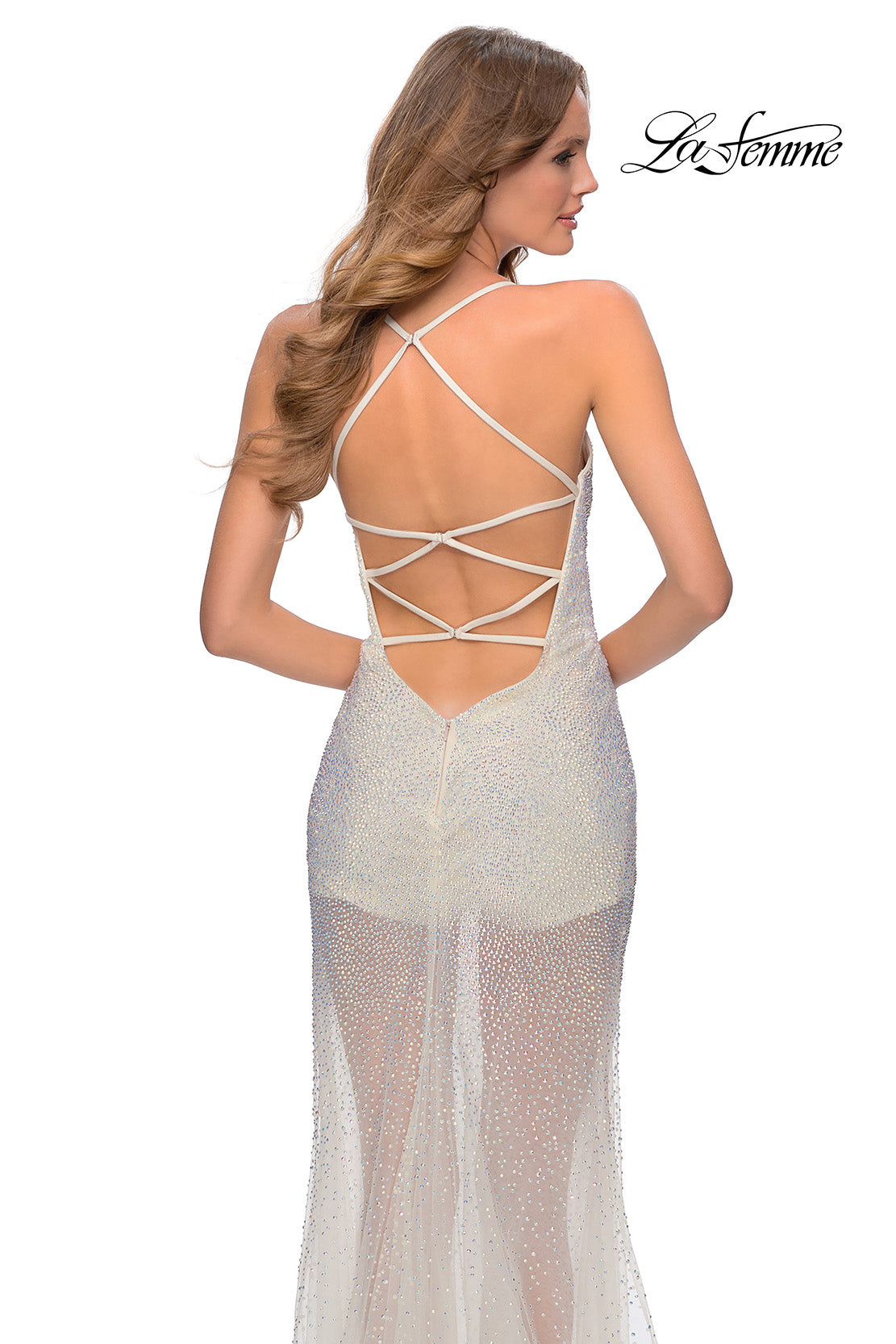 Picture of: Sheer Tulle Rhinestone Dress with Attached Shorts in White, Style: 28806, Detail Picture 3