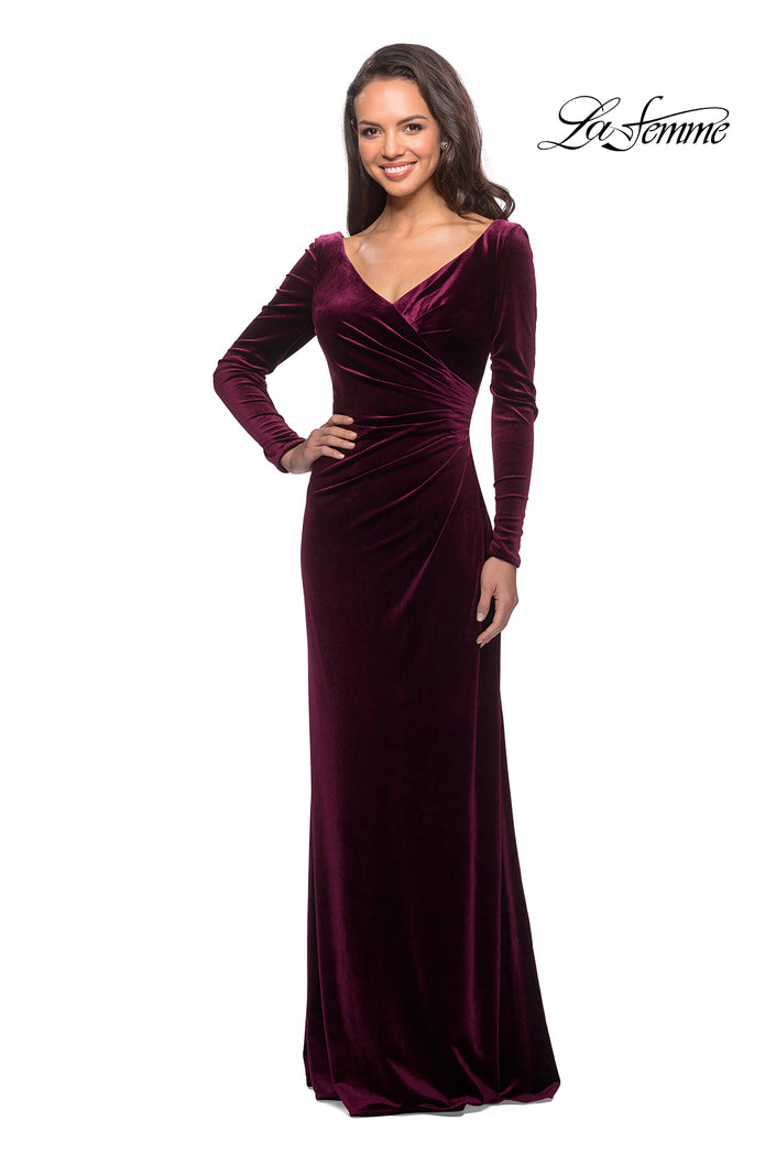 Picture of: Elegant Long Sleeve Velvet Dress with Ruching in Wine, Style: 25207, Main Picture